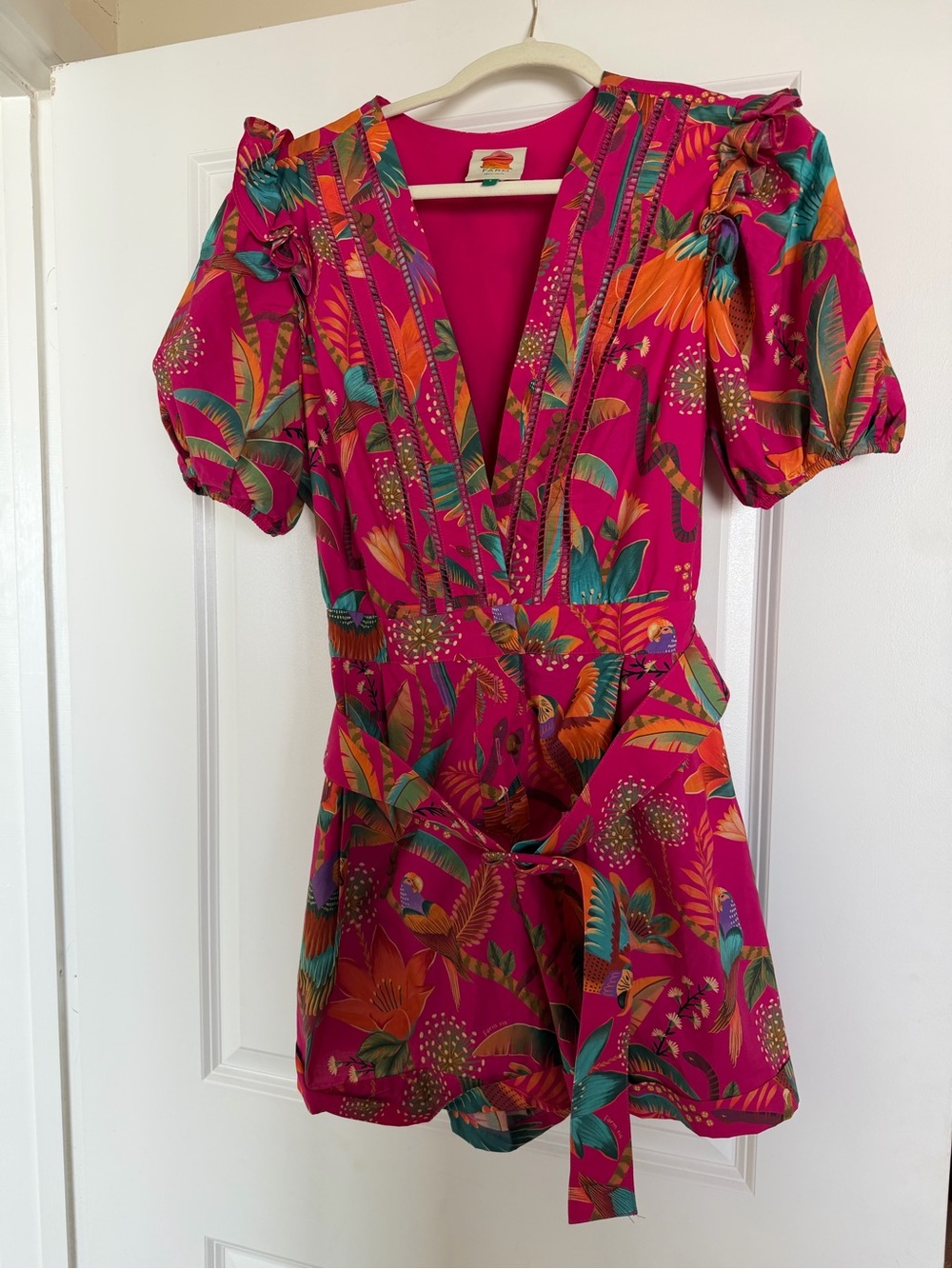 FARM Rio Hot Pink Tropical Print Romper with Puff Sleeves